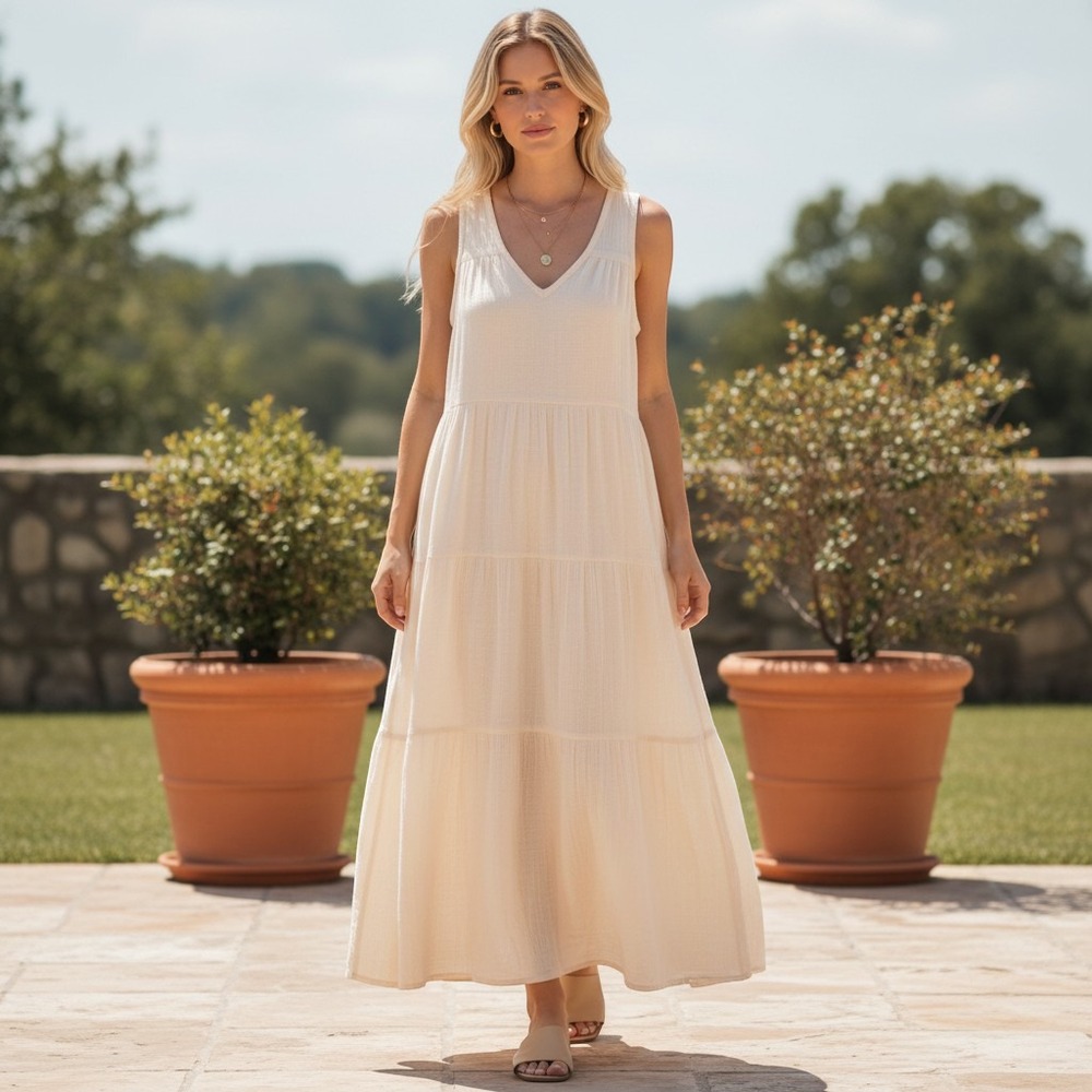 New Quince Women's M 100% Organic Cotton Gauze Tiered Maxi Dress Vintage Cream
